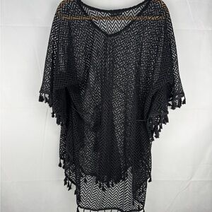 Nali Collection Bohemian Crochet Tasseled Kaftan style Beach cover up Black OS